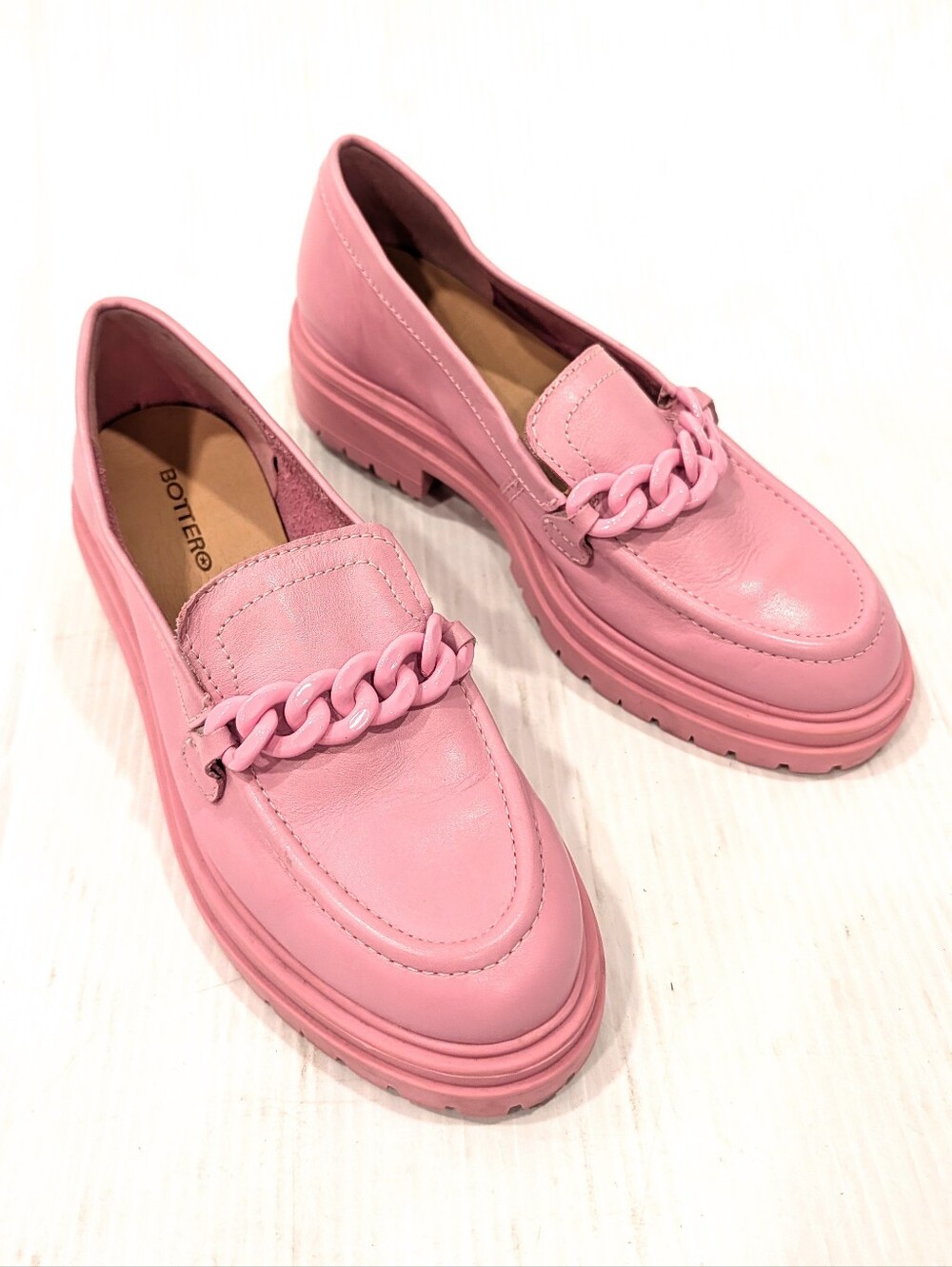 BOTTERO Women's Chunky Lug Loafers Pink Chain Link Platform Loafers Size 36